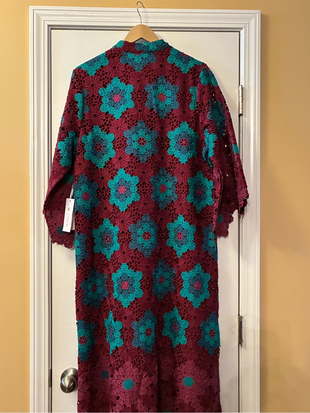 Crocheted Unique Floral Overlay Feminine Midi Dress in Berry and Teal. Size S